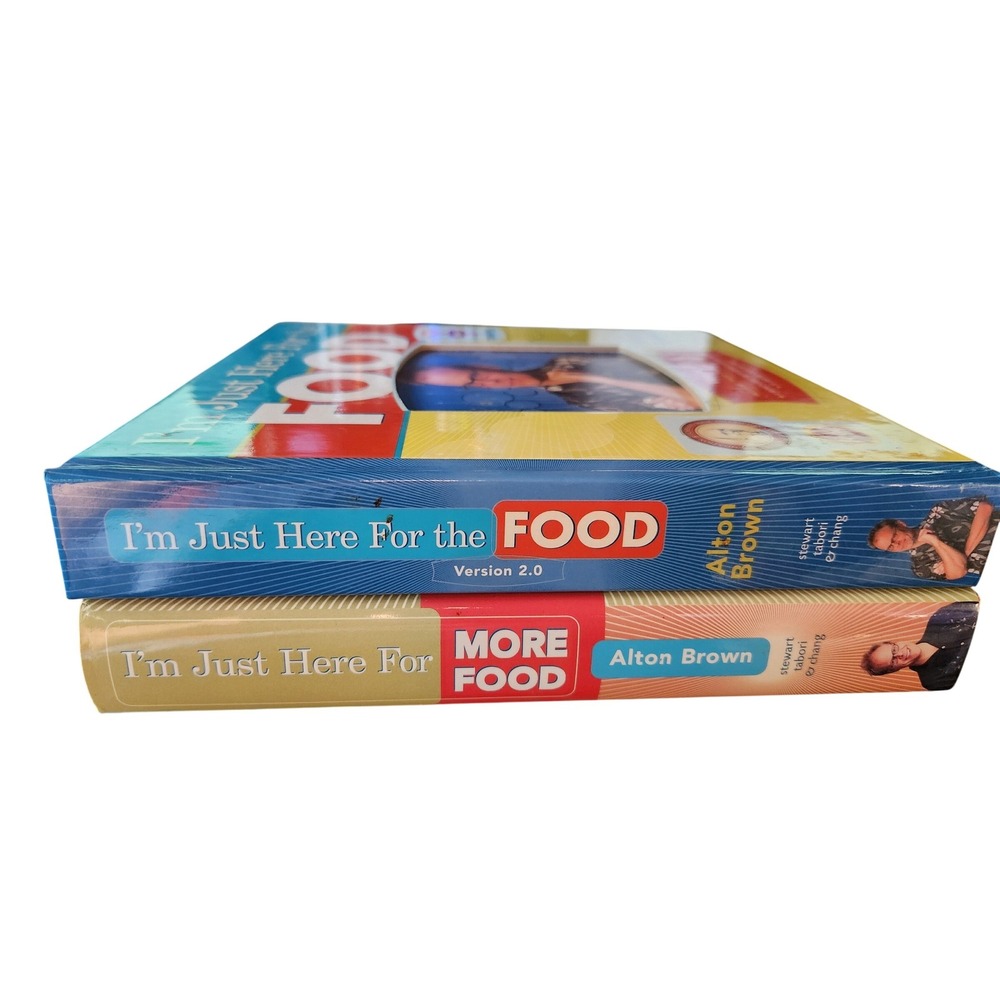 Alton Brown Cookbook Lot Im Just Here For the Food V2.0 & More Food Hardcover